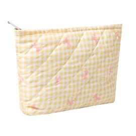 SURBEAV Makeup Bag Cute Cosmetic Bag for Women Girls Floral Coquette Aesthetic Toiletry Bag Travel Make Up Organizer Bag (Plaid bow yellow)