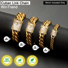 WinTrend Cuban Link Chain Necklace or Bracelet with Bling Bling Cubic Zirconia Iced-Out Clasp for Men 8mm/10mm/12mm/14mm/18mm 18K Gold Stainless Steel Hip Hop Miami Curb Chains 8-30 inch, Cubic