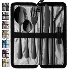 VANDBAO Portable Travel Utensils, Reusable Silverware with Case for Fixing Tableware, 9 Pieces Stainless Steel Stable Flatware Set, Camping Picnic Cutlery Set (Black Set)