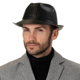 Lipodo Trilby Ski Leather Hat - Fabric Hat in Leather Look with Brim Width Approx. 5 cm - Leather Hat - Men - All Year Round - Made in Italy, black, 56