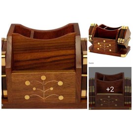 GURU JEE Wooden Desk Organizer, Wooden Tea Coaster Set with Brass Work Office Table Accessories Office Set (Design 2)
