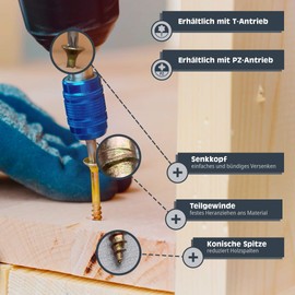 HELPMATE - Universal Countersunk Screws 4.5 x 50 Yellow Passivated - Pack of 150 Wood Screws with T-Drive and Partial Thread - Chipboard Screws for Indoor and Protected Outdoor Use