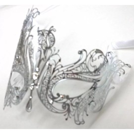 MGMB Silver Rhinestone Swan Laser Cut Venetian Mask Masquerade Metal Filigree