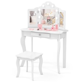 KOTEK Kids Vanity, 2 in 1 Toddler Vanity Set with Tri-Fold Mirror, LED Lights, Storage Drawer, Wooden Princess Dressing Table for Girls, Pretend Play Kids Makeup Vanity Table and Chair Set, White