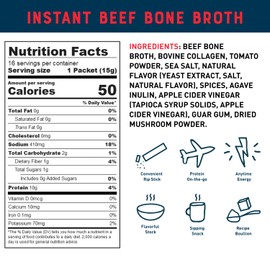 Bare Bones Beef Bone Broth Instant Powdered Mix Packets | 5g Collagen | 10g Protein | Keto & Paleo Friendly | No Artificial Flavors | Rich Savory on-the-go 16 Pack