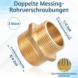 PipeSan Reducing Nipple 1/2 to 3/4 Inch Brass - Set of 3 - Adapter Double Nipple, Hexagon, Male Thread G - PN16 - Includes PTFE Tape - for Water, Gas, Oil & Drinking Water | Thread Adapter