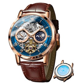 OLEVS Skeleton Automatic Men's Watches Mechanical Fashion Luxury Leather Waterproof Luminous Men's Watch, 6670 Brown Leather/Blue/Rose Gold, Strap.