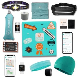 Vorlich® Running Gift Box – 13 Essential Items for Runners for Runners Female & Men – Includes Running Belt, Anti-Chafing Balm, LED Headtorch, Folding Water Bottle & More - (Aqua)