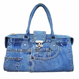 Bijoux de Ja Upcycling Blue Denim Jeans Large Capacity Doctor Style Strip Hand Stitched-Edge Top Handle Satchel Structured Handbag Purse for Women