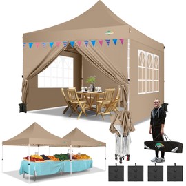 COBIZI 10x10 Gazebo Pop Up Canopy Tent, Commercial Outdoor Gazebo with 4 Sidewalls, Waterproof and UV Protection 50+ Event Shelter for Camping, Family Parties & Patio with 4 Sandbags,Kahki