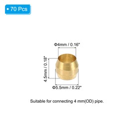 PATIKIL Brass Compression Sleeves Ferrules for 4mm OD Tube, 70 Pack Brass Ferrule Fitting Brass Compression Tube Fitting Ring Assortment Kit for Air Water Gas Pipe Line Fitting Oil