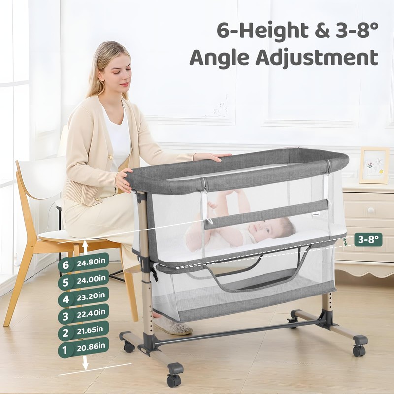 Cowiewie Bassinet Bedside Sleeper, Portable, Breathable, Adjustable Baby Bedside Bassinet