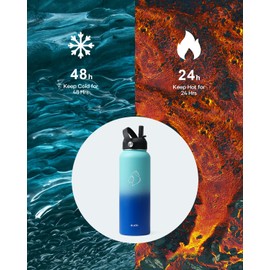 BUZIO Stainless Steel Water Bottle (Cold for 48 Hrs, Hot for 24 Hrs), 40 oz Vacuum Insulated Water Bottle with Straw Lid and Flex Cap (Double Wall, Wide Mouth, BPA Free, Leak Proof)