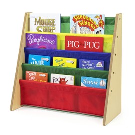 Humble Crew 4-Tier Kids Bookshelf, Natural Wood/Primary - Premium Book Shelf for Kids Rooms with Four Deep Pockets - Toddler Sling Book Rack with Deep Sleeves, Nursery Bookcase Organizer