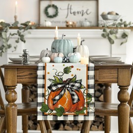 Artoid Mode Pumpkin Bow Buffalo Plaid Fall Table Runner,Seasonal Autumn Kitchen Dining Table Decoration for Home Party Decor 13x90 Inch