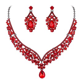 EVER FAITH Austrian Crystal Jewelry Sets for Wedding, Elegant Bridal V-Shaped Costume Party Teardrop Statement Necklace Earrings Set for Woman Red Black-Tone