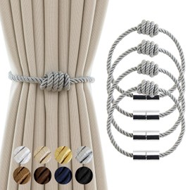 Contoeey Curtain Tiebacks Magnetic Decorative Curtain Tie Backs for Curtains 4 Pack Rope Curtain Holders for Drapes Outdoor Curtain Holdbacks, Grey