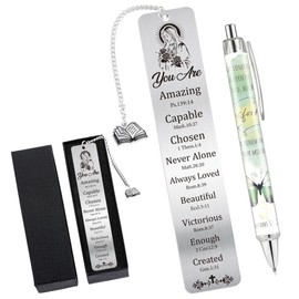 Catholic Bookmark and Pen Gift Set for Women, Virgin Mary Metal Bible Bookmark with Scripture and Charm, Christian or Catholic Gifts with Inspirational Pen and Black Gift Box