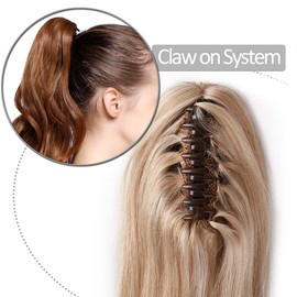 Human Hair Ponytail Extension Claw on Clip Real Human Hair Natural HairPiece Straight (#18/613 Ash Blonde Mix Bleach Blonde, 14 Inch)