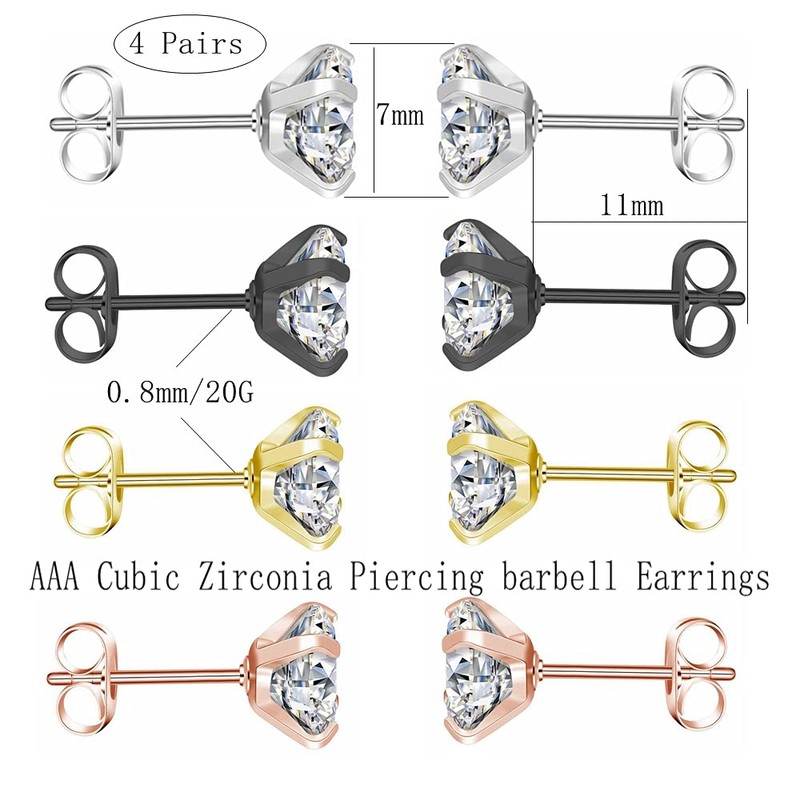 4 Pairs Surgical Steel Stud Earrings,Hypoallergenic Double Round 316L Stainless