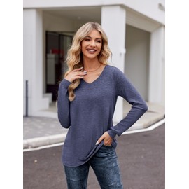 Zeagoo Womens Long Sleeve V Neck T Shirts Casual Soft Basic Tee Tops Solid Cute Tunic Fall Outfits Navy Blue XL