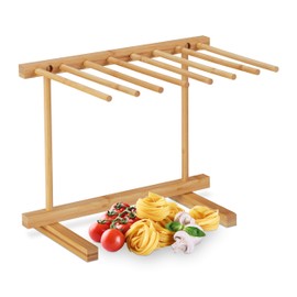 Relaxdays Pasta Dryer, 8 Bars, Long Pasta, Space-saving, Foldable, Bamboo Pasta Stand, 28 cm High, Natural, 28.5 x 35.5 x 26.5 cm, Light Brown