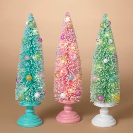 One Holiday Way Set of 3 15.5-Inch LED Lighted Pastel Pink, Blue, Green Bottle Brush Christmas Trees for Tabletop - Vintage Modern Figurine Xmas Shelf Home Decor