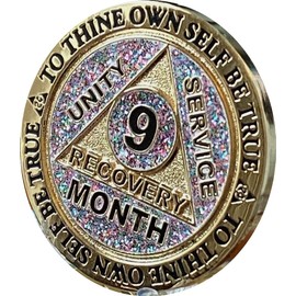 RecoveryChip 9 Month AA Medallion Reflex Funfetti Birthday Glitter Gold Sobriety Chip