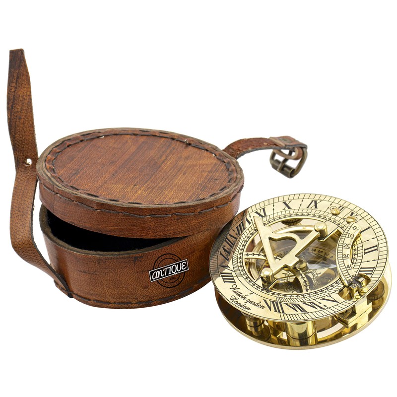 Brass Sundial Compass with Vintage Red Leather Case Hiking Hunting