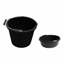 Set of - 14L Plastic Bucket with 5L Round Bowl | 3 Gallon Bucket with 28cm Plastic Bowl – Plaster Builder Bucket Tub Trug Horse Feeder with Washing Up Bowl Integral Handles Home- (BLACK)