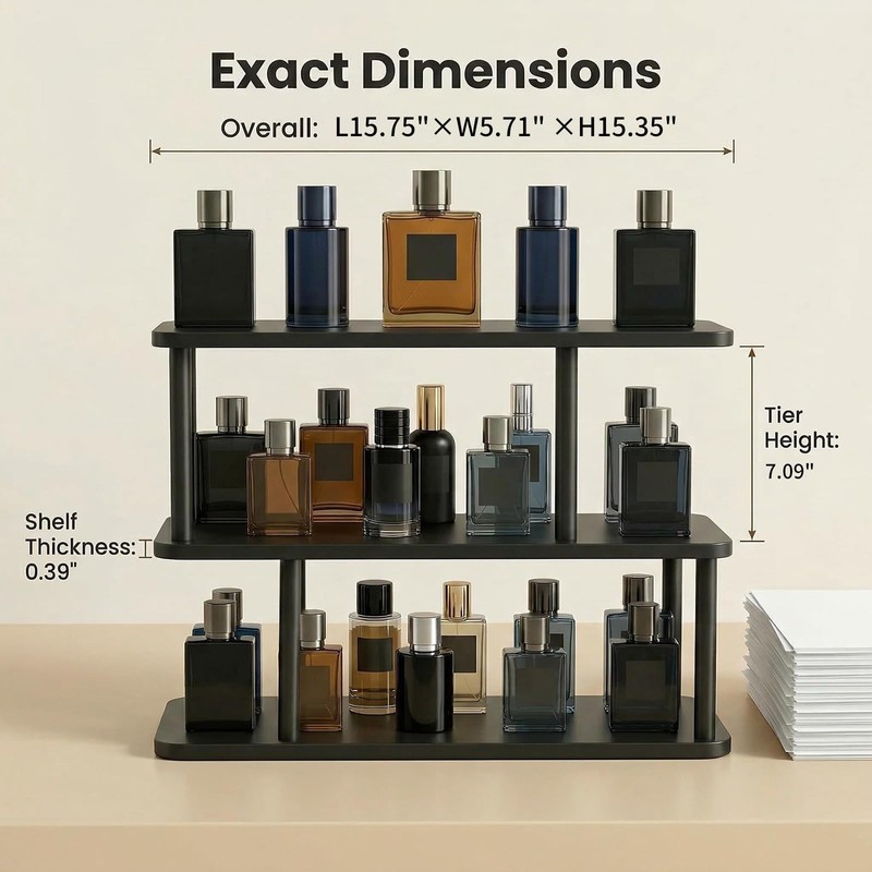 16" Cologne Organizer for Men, 3 Tier Wooden Perfume Stand,Black