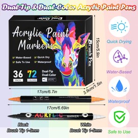 GOTRUST 72 Colours Acrylic Paint Pens, Rock Painting Pens Dual Tip, Waterproof, Non Toxic, Quick Dry Colouring Brush Pen, Water Based Acrylic Markers for Adults Students