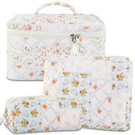GISMTR 3PCS Makeup Bag Set, Cute Quilted Floral Cosmetic Bag, Large Travel Aesthetic Make up Bag, Coquette Makeup Pouch Toiletry Bag for Women Girls