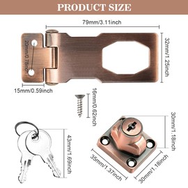 ADERTOS Keyed Hasp Lock Hasp and Staple with Padlock, Heavy Duty Shed Lock Door Lock Hasp Twist Knob Keyed Locking Hasp Safety Door Clasp Gate Lock with Key for Cabinets Gate - Red Bronze, 3 Inch