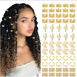 60Pcs Gold Hair Cuffs for Braids, Gold Hair Accessories Beads Charms Rings, Hairs-Jewelry for Girl Women Men Braids Dreadlocks for Music Festivals Parties