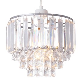 SHINY STAR Crystal Easy-fit Pendant Lampshade,Modern Chrome Frame Ceiling Lightshades,Bevelled Crystal Acrylic Oblong Rods Beads Square-Cut Droplets 4 Tiers Chandelier 907