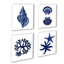 Gnosis Picture Archive Navy Blue Beach Wall Art Decor Set of 4 Unframed Prints Coastal Home Decor