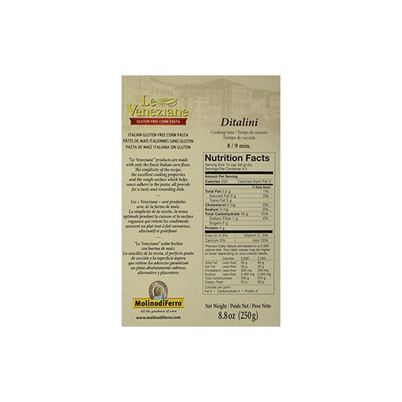 Le Veneziane Italian Gluten Free Corn Pasta Ditalini 250
