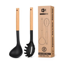 Silicone Pasta Fork and Ladle Spoon Set with Wooden Handle, Heat Resistant Non Stick Kitchen Utensils for Cooking, Stirring, Serving Spaghetti, Soup, Sauce(BLACK)
