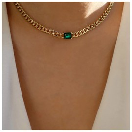 Inilbran Boho Emerald Necklace Choker Vintage Square Green Crystal Necklace Green Emerald Choker Necklace Punk Gold Curb Chain Necklace Jewellery for Women and Girls
