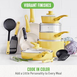 GreenLife Soft Grip Healthy Ceramic Nonstick 18 Piece Kitchen Cookware Pots and Frying Sauce Saute Pans Set, PFAS-Free with Kitchen Utensils and Lid, Dishwasher Safe, Yellow