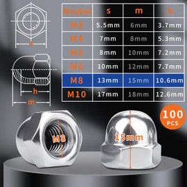 SWTYExt Pack of 100 M8 Cap Nuts Stainless Steel Cap Nuts DIN 1587 High Shape High Quality A2 V2A Cap Nuts Hexagonal Cap Nuts for Screws Threaded Rods & Threaded Bolts