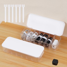 Asonen Cable Organizer Box with 14 Wire Ties and 6 Magnetic Cable Clips, Desktop Cord Management Box with Dividers and Lid for Home Office Storage – White