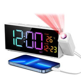 Netzu Projection Alarm Clock, Digital Clock with 350° Rotatable Projector, Date Temperature and Weekday, Manual DST, 5 Brightness, 10 Ringtones White RGB
