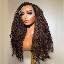 Brazilian Jerry Curly Wig for Women - Pre-Plucked with Natural Hairline, Transparent Lace Front, Deep Wave in Saddle Brown - 180% Density - Color: brown, Size: 16''