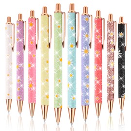 FRIUSATE 10Pcs Bling Metal Pens,Bling Glitter Metal Ballpoint Pens 1.0mm Ballpoint Pens Black Ink Click Retractable Ball Point Pens for Men,Women,School,Office,Home, Drawing(Daisy Print)