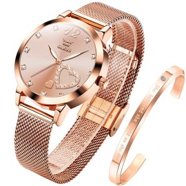 OLEVS Women's Watch Rose Gold with Heart Diamond Black White Face Quartz Wrist Watch Waterproof Belt Bangle Set, pink, Bracelet