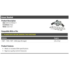 Marketplace Auto Parts Exhaust Manifold - Compatible with 1987-1995, 1997-2002 Jeep Wrangler 2.5L 4-Cylinder