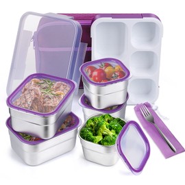 DaCool Stainless Steel Kids Bento Lunch Box Leak Proof BPA-Free School Lunch Container 5-Compartment with Lunch Bag and Fork for Toddler Child Adult, Food Snack Container for Picnic Outdoors,Purple