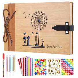 ZEEYUAN Vintage Wooden Photo Album, Love Scrapbook, with 6 Stickers, 8 Color Pens, 11.4 x 7.4 inch, 40 Sheets